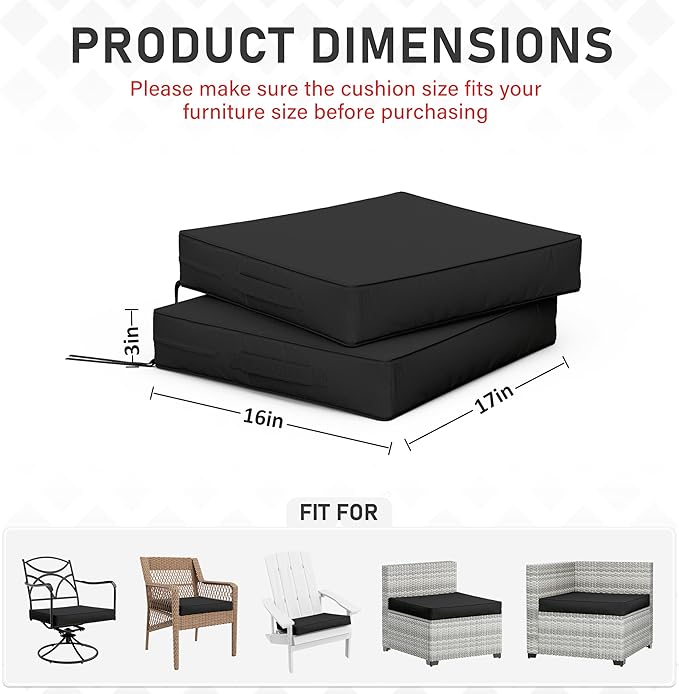 Patio Chair Cushions 17 X 16 X 3 Inch Waterproof Outdoor Seat Cushions for Patio Furniture, Outdoor Sofa Couch Pads with Ties & Handle, Set of 2, Black-VerdiqueGarden