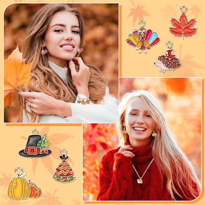 MARFOREVER 40Pcs/20 Pairs Fall Charms, Thanksgiving Charm for Jewelry Making, Autumn Pumpkin Maple Leaf Turkey Enamel Pendants for Bracelet Necklace Earrings Making Accessories