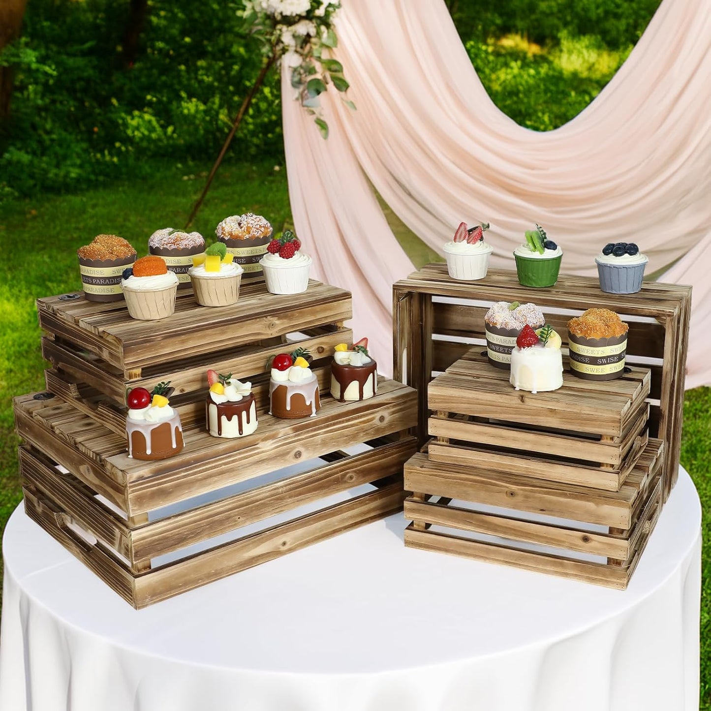 Set of 5 Large Wooden Crates, Nesting Storage Crate with Handles, Rustic Torched Brown Farmhouse Wooden Crates for Display, Wedding Birthday Home Party Living Room Kitchen Decoration-VerdiqueGarden