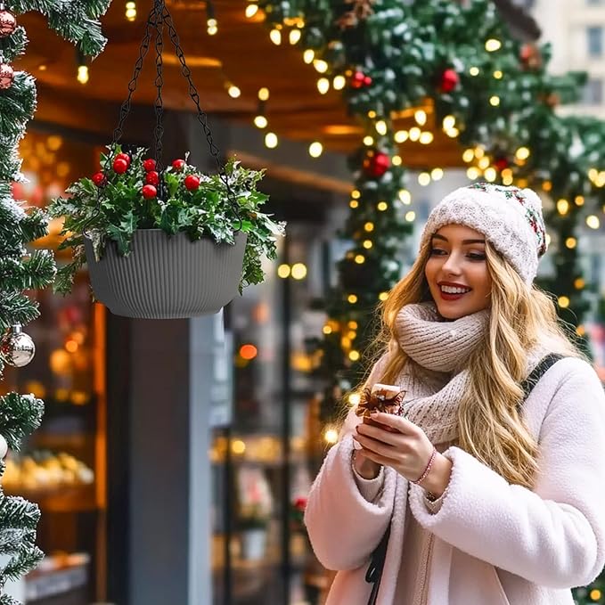 T4U 8 Inch Hanging Planters for Indoor Outdoor Plants, Self Watering Hanging Pot Pack of 2, Hanging Pots with Drainage Hole & Plug & Chain with 3 Hooks for Garden Home Decor, Grey-VerdiqueGarden