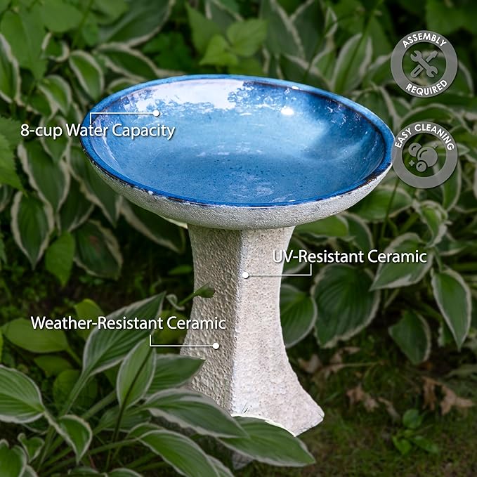 Sunnydaze Ceramic Bird Bath for Outside - 16" H - UV- and Frost-Resistant - Pedestal Bird Bath - Blue Glazed Bowl - White Lava Finish-VerdiqueGarden
