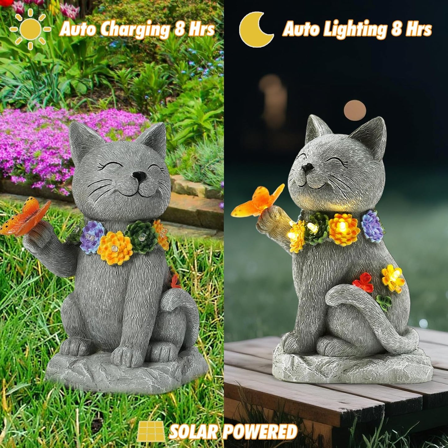 Outdoor Solar Cat Garden Statue - with LED Flower and Butterfly Statue Light, Suitable for Lawn Decor, Porch, Yard Decorations Outdoor, Birthday Gift for Women-VerdiqueGarden