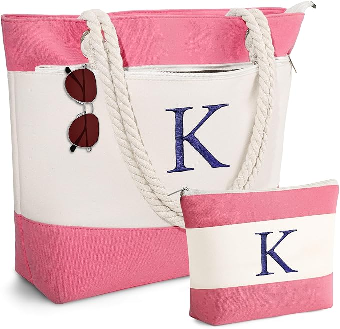 YOOLIFE Beach Bags for Women - Initial Tote Waterproof Bag with Makeup Bag, Mothers Day Gifts for Women Mom Friend Birthday-VerdiqueGarden