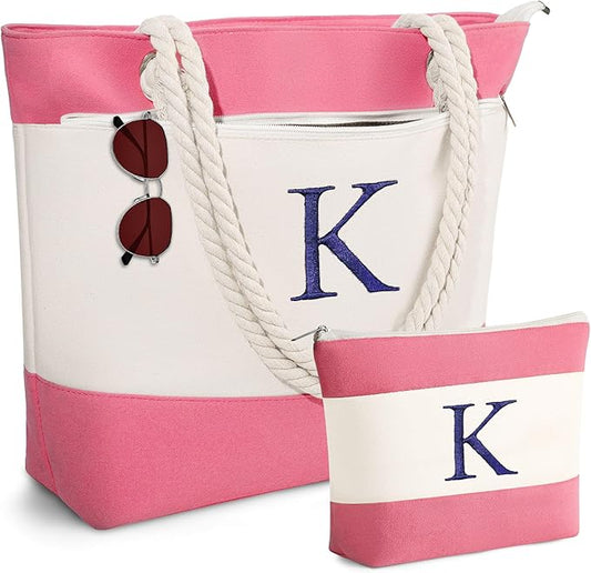 YOOLIFE Beach Bags for Women - Initial Tote Waterproof Bag with Makeup Bag, Mothers Day Gifts for Women Mom Friend Birthday-VerdiqueGarden