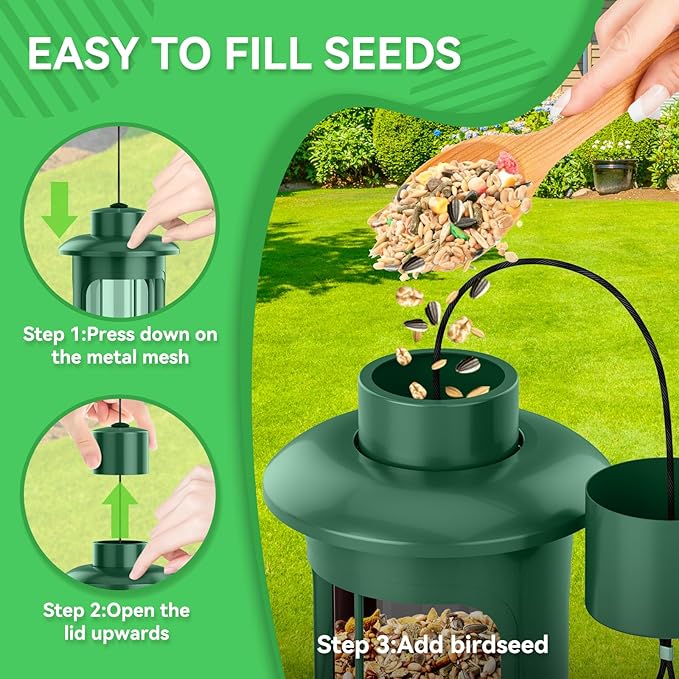 Squirrel Proof Bird Feeders for Outdoors Hanging, Metal Squirrel Proof Bird Feeder with Gravity Protection, 3LB Large Capacity Wild Bird Feeders for Outside Finch, Cardinal, Blue Jay (Green)-VerdiqueGarden