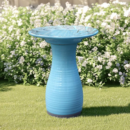 LuxenHome 20 Inch Ceramic Bird Bath for Outside, Elegant Tall Outdoor Bird Bath, Lightweight Pedestal Glazed Birdbaths for Outdoors with Leaf Pattern, Sky Blue-VerdiqueGarden