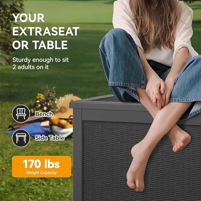 KAMABOKO 260 Gallon Outdoor Storage Box, Resin Deck Boxes Indoor and outdoor, Waterproof Storage Box Lockable Lid for Garden Tools, Package Delivery, Patio Cushions, Black-VerdiqueGarden