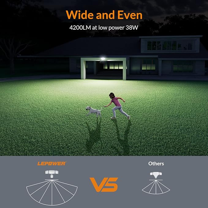 LEPOWER LED Motion Sensor Security Lights, 3 Head Motion Detected, 38W, 4200LM, Waterproof IP65, 5500K, Full Metal for Outdoor, Garage, Porch, Yard (Not Solar Powered, Black)-VerdiqueGarden