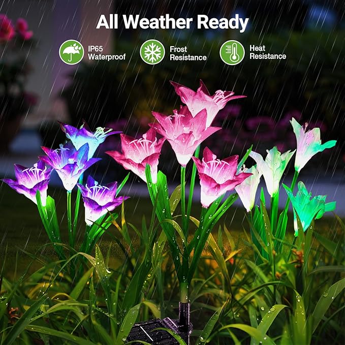 WdtPro Solar Lights Outdoor Garden Decorative Flowers 6 Pack, Waterproof Solar Garden Lights with 24 Lily Flowers, Multi Color Changing LED Solar Powered Landscape Lights for Yard Garden Patio-VerdiqueGarden