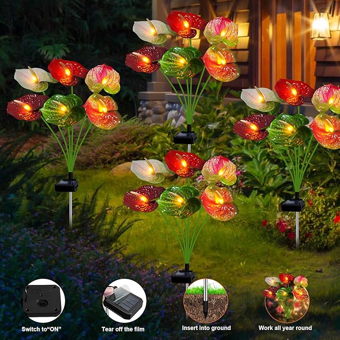 Solar Lights Outdoor,4 Packs Solar Garden Flower Lights with Anthurium Plant Lights,Garden Birthday Gifts for Women,Waterproof Solar Stakes Lights for Outside Yard Patio Lawn Decoration-VerdiqueGarden