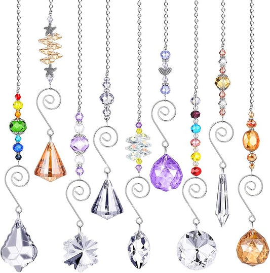 Hicarer 9 Pcs Crystal Suncatchers Hanging Catchers with Chain Colorful Glass Pendant Beads Chandelier Prism Ornament for Window Home Wall Tree Cars Decor Wedding Birthday Anniversary Party Gifts-VerdiqueGarden