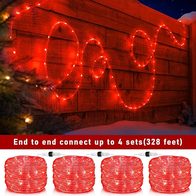 Rope Lights for Outside, 100FT 300 LED Plug in Christmas Lights Outdoor with Waterproof 8 Modes, Connectable String Twinkle Light for Indoor House Patio Garden Pool Wedding Decorations, Red-VerdiqueGarden