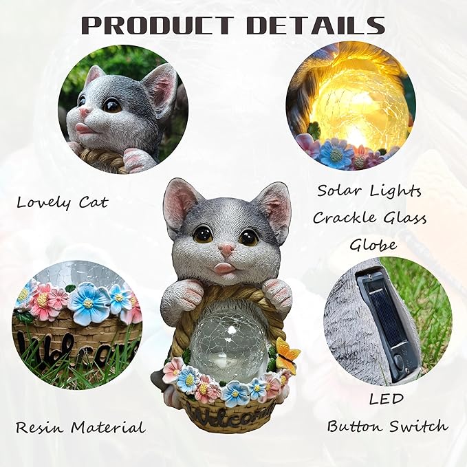 Solar Cat Garden Outdoor Statues,Resin Cat Figurine Carrying Flower Basket and Magic Orb with Solar LED Lights, Lawn Decor Outdoor Statue for Patio, Balcony, Yard Ornament,Gifts for Mom-VerdiqueGarden
