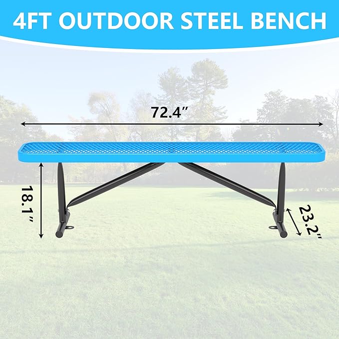 48" L Outdoor Steel Flat Bench, Heavy Duty Metal Park Bench for Outside, Expanded Metal, Commercial Benches Mesh Bench for Shopping Mall, Store, Lawn, Park, Patio, Deck, Garden (Blue, 6FT)-VerdiqueGarden
