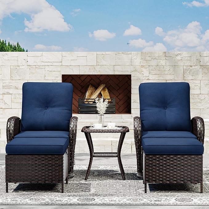 Joyside 5 Piece Patio Furniture Set, Outdoor Swivel Chair Sets with Thick Cushion and Ottoman, Wicker Patio Conversation Set for Porch, Deck Use (Brown/Blue, 5 PCS)-VerdiqueGarden