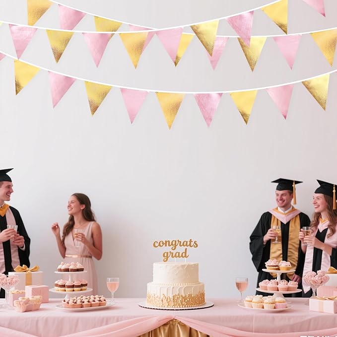 Pink Gold Party Decoration Metallic Fabric Light Pink Gold Triangle Pennant Banner Flag Bunting Garland for Women Girl Birthday Retirement Graduations Bridal Shower Wedding Baby Shower Party Supplies-VerdiqueGarden