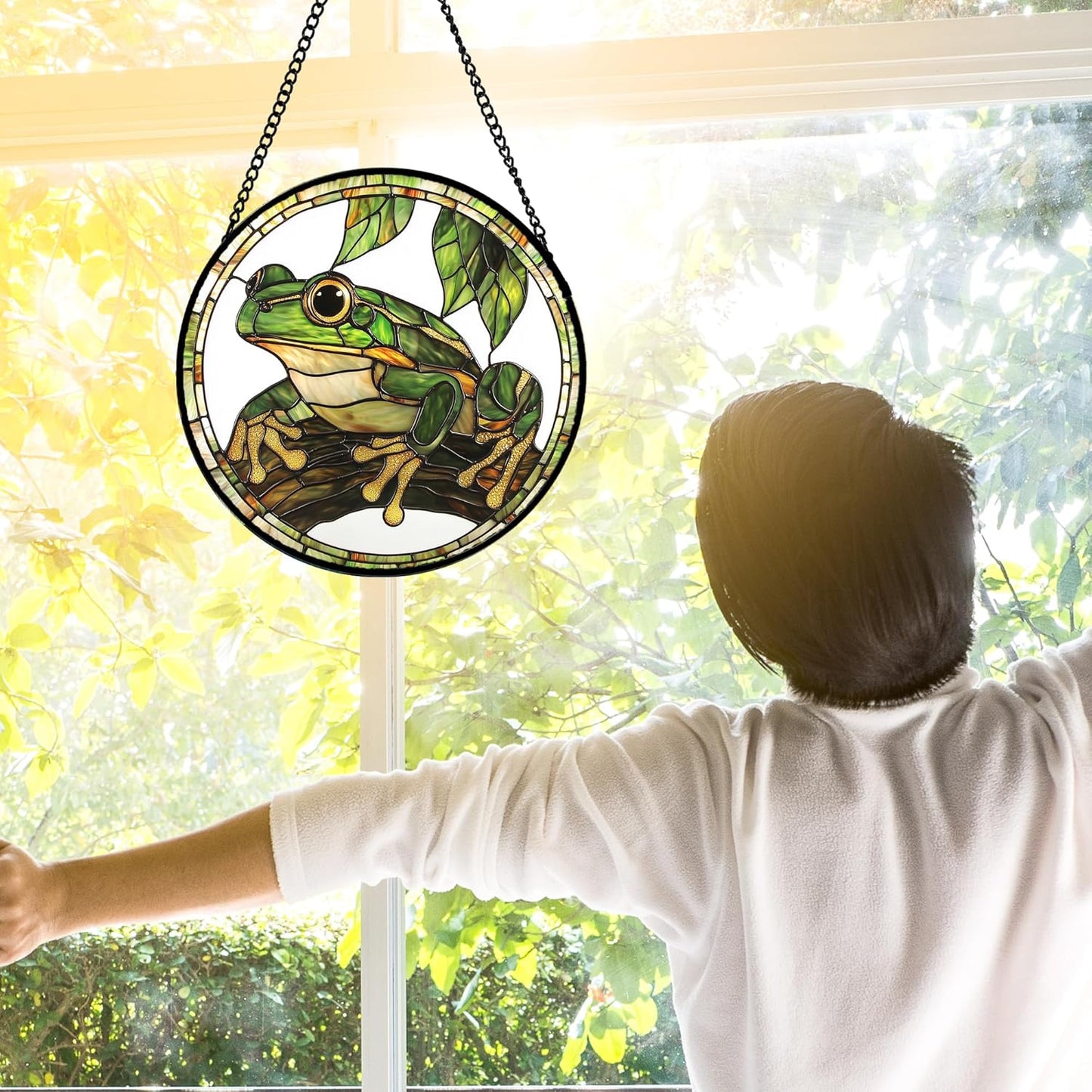 Stained Glass Window Hanging, Frog Green Leaf Sun Catchers Colorful Glass Panel Cool Suncatcher Decor for Birthday for Women, Men, Wife, Aunt, and Mom 7.8 in-VerdiqueGarden