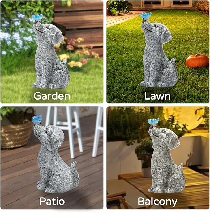 Solar Garden Outdoor Statues Dog with Butterfly Lights, Lawn Decor Puppy Figurine for Patio Balcony Yard, Yard Unique Christmas Birthdays Gift for Mom Grandma-VerdiqueGarden
