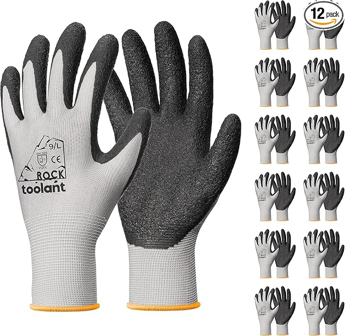 toolant Crinkle Latex Work Gloves Bulk, Rubber Coated Safety Work Gloves for Men and Women, 12 Pairs for Construction, Gardening, Warehouse (Gray, Large)-VerdiqueGarden