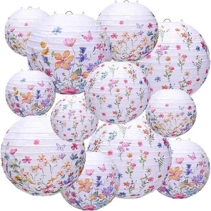Riakrum 12 Pcs Wildflower Paper Lantern Set Floral Party Decorations Flower Paper Round Lanterns Wildflower Lantern Kit for Spring Baby Shower Bridal Shower Wedding Birthday Tea Party Supplies-VerdiqueGarden