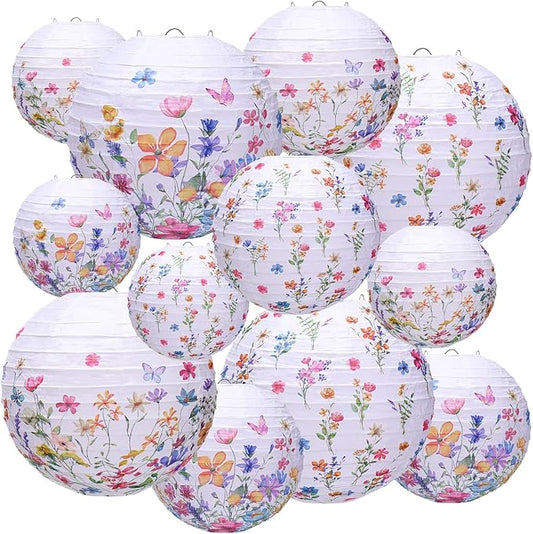 Riakrum 12 Pcs Wildflower Paper Lantern Set Floral Party Decorations Flower Paper Round Lanterns Wildflower Lantern Kit for Spring Baby Shower Bridal Shower Wedding Birthday Tea Party Supplies-VerdiqueGarden