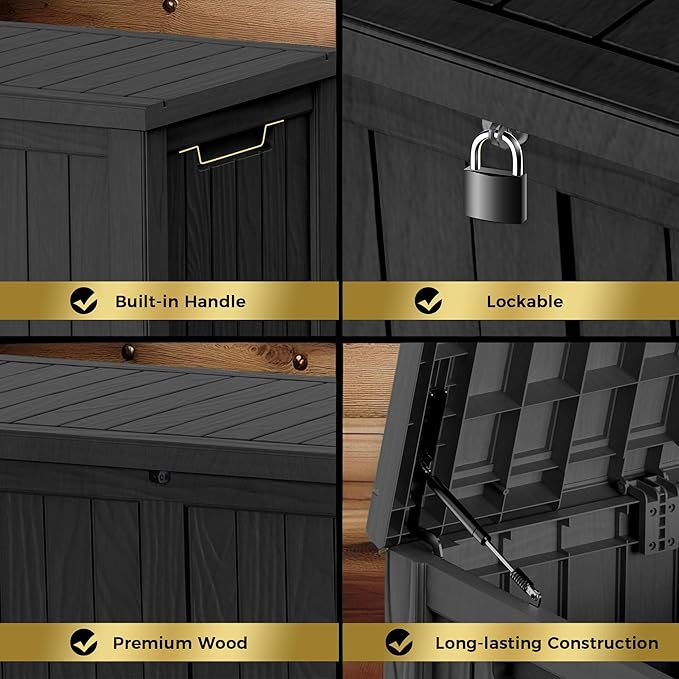 150 Gallon Lockable Resin Deck Box, Waterproof & UV-Resistant Outdoor Storage Box for Outdoor Cushion Storage, Garden Tools & Pool Accessories Storage, Black-VerdiqueGarden