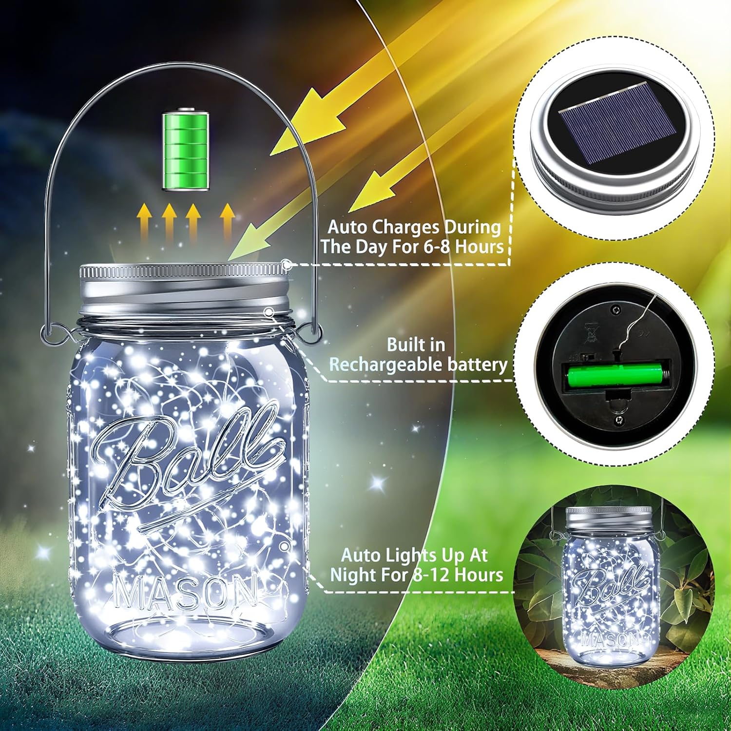 ZNYCYE Mason Jar Solar Lights for Outside, 12 Pack 30LED Fairy Lights Mason Jar Solar Lids Outdoor Waterproof String Lights with Hangers(NO Jars) for Patio Garden Yard Lawn Decoration - Cool White-VerdiqueGarden