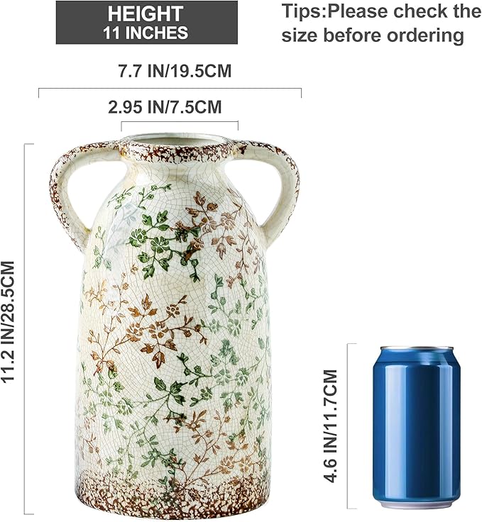 Enra Large Vintage Green and Beige Ceramic Chinoiserie Floral Vase, 11.2 Inch Rustic Decorative Flower Vase for Home, Living Room, Kitchen, or Office – Pastoral Retro Design-VerdiqueGarden