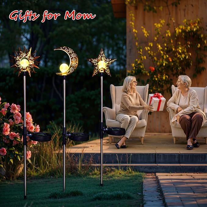 Tryme Solar Lights Outdoor Garden Decorations Sun Moon Star Stake Light Decorative Waterproof Warm White LED Yard Decor for Pathway Lawn Patio Courtyard Backyard-VerdiqueGarden