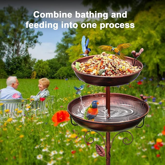 Metal Bird Bath for Outside, 2-in-1 Birdfeeder and Bath, 42 Inch Tall Stand with Hummingbird, Large 12Inch & Small 7.9Inch Bird Bath Bowl, 3 Bird Decor for Garden, Antique Bronze-VerdiqueGarden