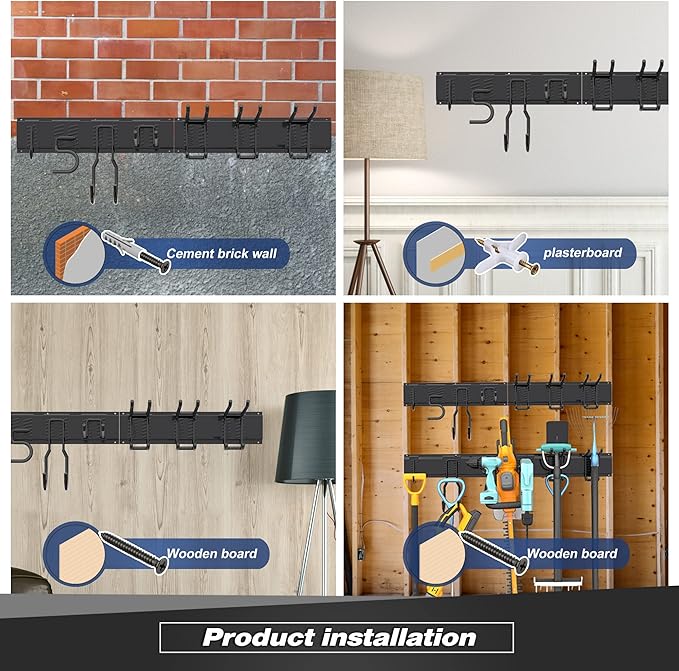 Garage Tool Storage Rack, Heavy Duty Garage Storage Organizer Rack System Wall Mounted Tool with 6 double hooks, 2 rails, Garden Yard Tools Hanger Rack for Ski Gears, Broom, Rake,Shovel-VerdiqueGarden