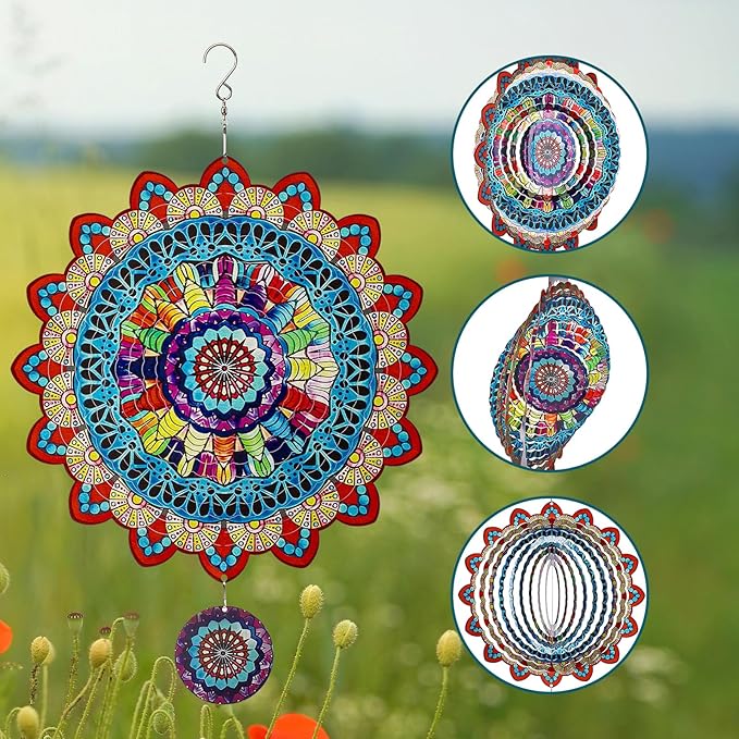 TUOKING Mandala Wind Spinners Outdoor Metal 3D Hanging Art Wind Spinner 12 Inch Stainless Steel for Yard and Garden Decoration Worth Gift for Women-VerdiqueGarden