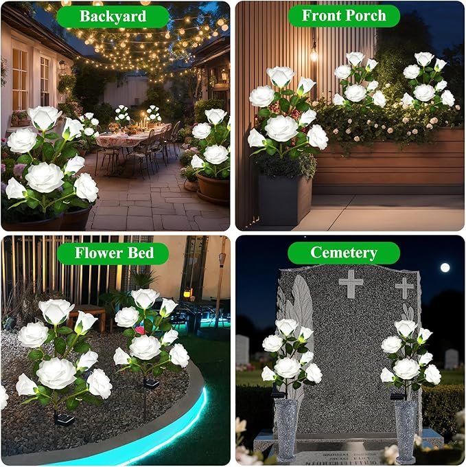 DWH 1 Pack Solar Garden Lights Outdoor, 7-Flower Rose Solar Lights for Yard, LED Solar Powered Stake Lights for Patio Pathway Lawn Fence Cemetery, White-VerdiqueGarden