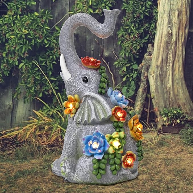 Elephant Garden Statue Solar Lamp with 8 Led Lights Decor Outdoor Resin Waterproof Sculpture Patio Lawn Yard Porch Decorations Housewarming Gifts for Women Mom Grandma-VerdiqueGarden