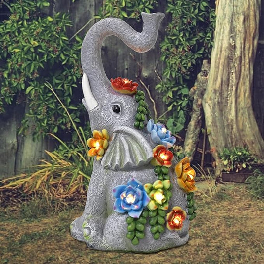 Elephant Garden Statue Solar Lamp with 8 Led Lights Decor Outdoor Resin Waterproof Sculpture Patio Lawn Yard Porch Decorations Housewarming Gifts for Women Mom Grandma-VerdiqueGarden