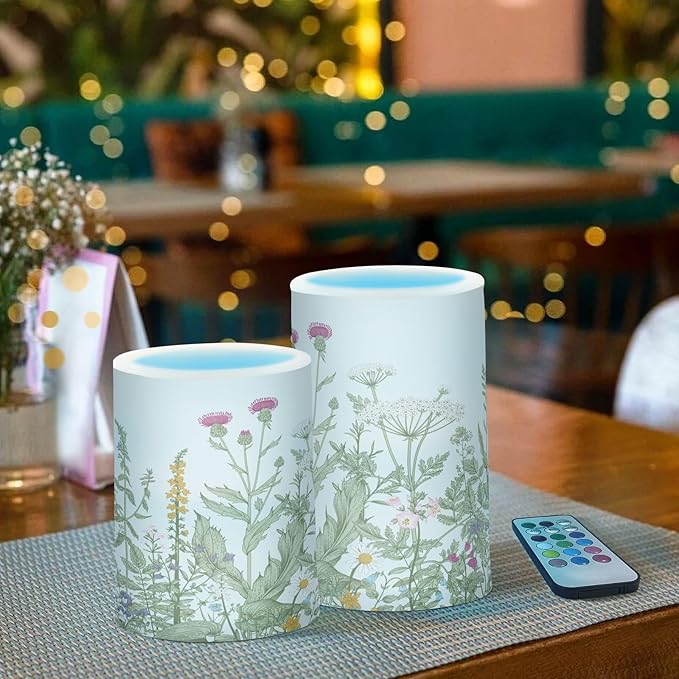 Flickering Flameless Candles, Flowers Herbs Wildflowers Botanical LED Candles with Remote Timer, Set of 2 Battery Operated Candle for Valentine Wedding Birthday-VerdiqueGarden