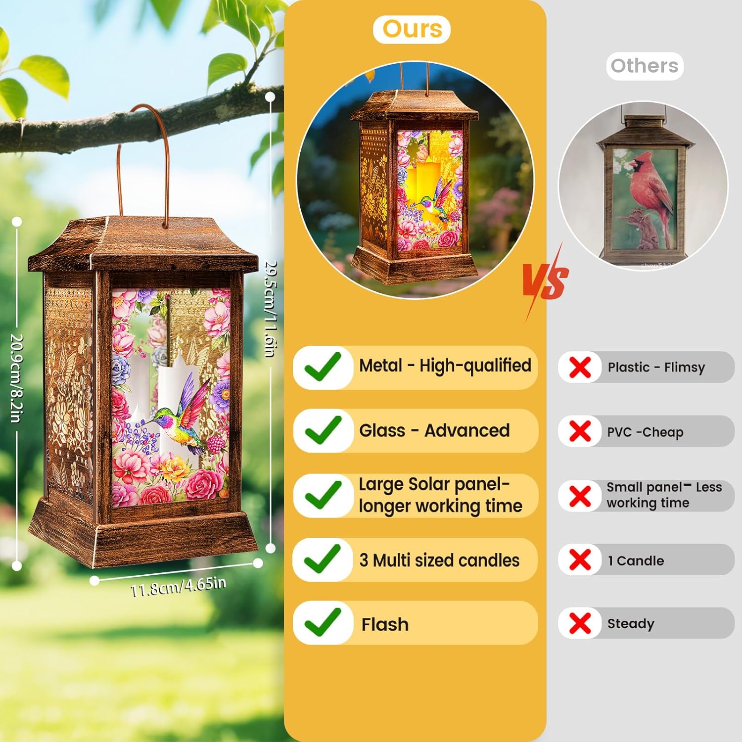 Hummingbird Solar Lanterns Outdoor Waterproof, Metal & Glass Hanging Lights Garden Decor, Birthday Gifts for Women Mom Grandma Mothers Day, Decorative Lights for Outside Yard Patio Backyard Porch-VerdiqueGarden