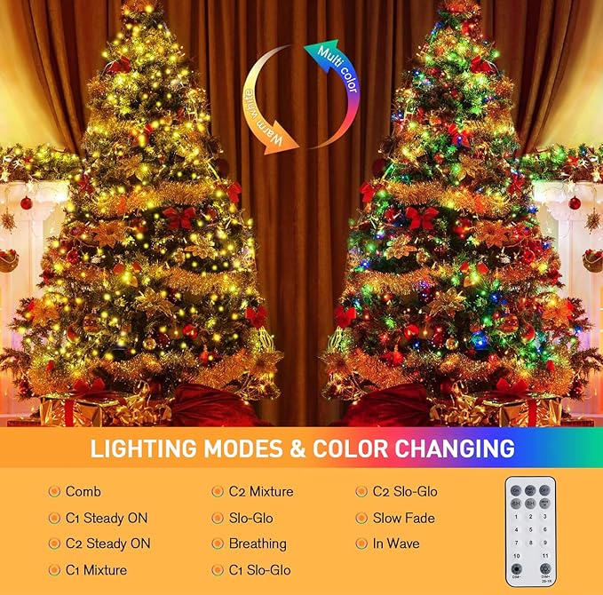 JMEXSUSS 33ft 100 LED Color Changing String Lights Plug in, Warm White & Multicolor Christmas Tree Lights Indoor, Christmas String Lights Outdoor Waterproof for Xmas Indoor Decor-VerdiqueGarden