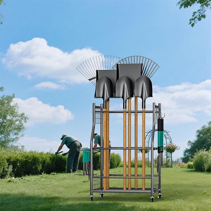 EVERHANGER Garden Tool Organizer Stand, Garage Tool Storage Organization, Yard Tool Racks with lockable wheels, Fit for Long-Handled Tools/Rakes/Brooms, Indoor/Outdoor Use-VerdiqueGarden