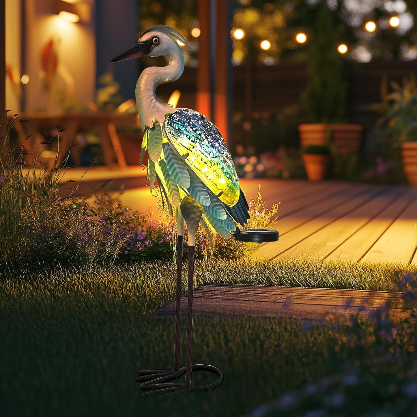 HONGLAND Solar Heron Metal Crane Statue Garden Heron Sculpture, Glass Outdoor Crane Yard Art Coastal Ocean Bird Decor 24 Inch Lawn Ornament for Backyard Porch Patio Decor（Green）-VerdiqueGarden