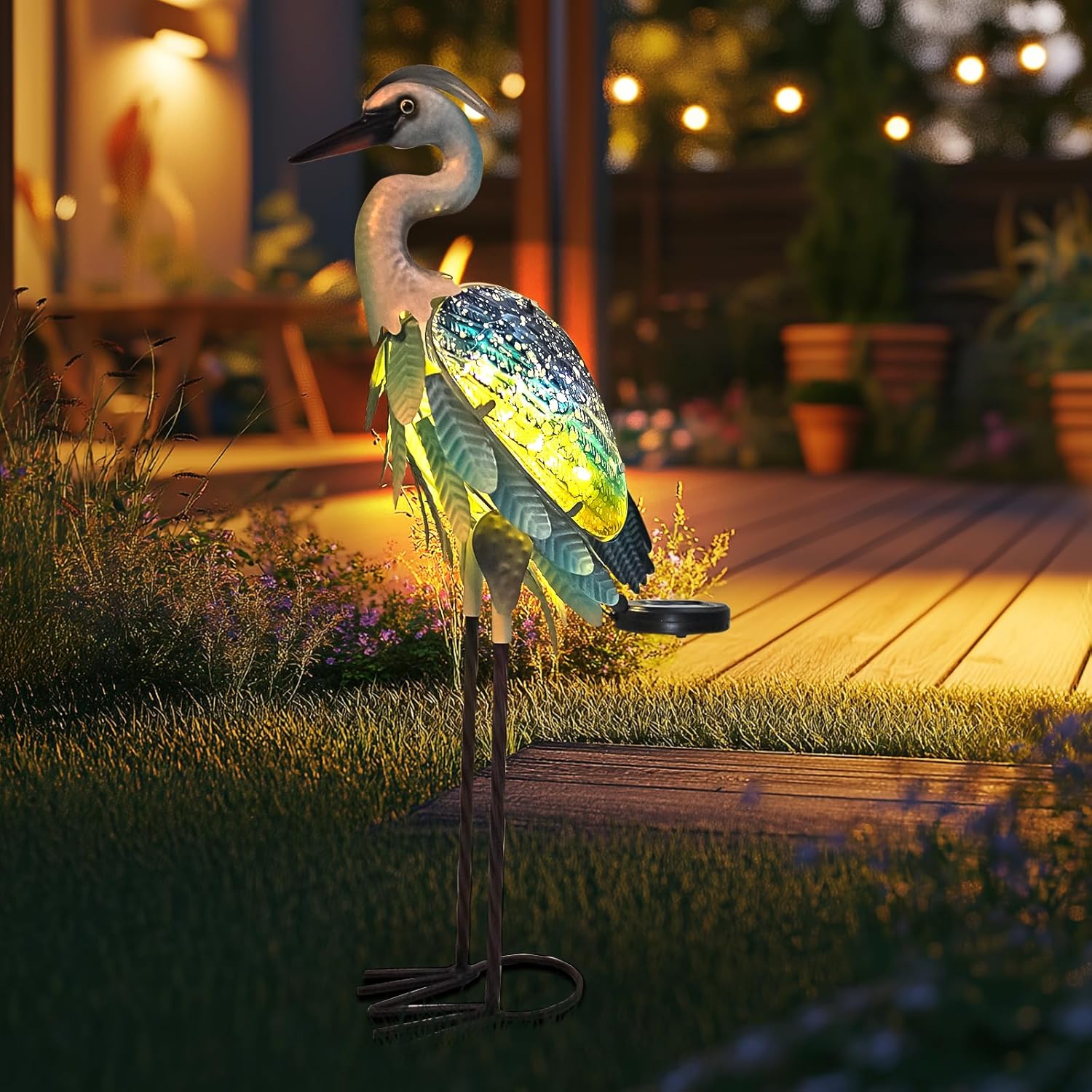 HONGLAND Solar Heron Metal Crane Statue Garden Heron Sculpture, Glass Outdoor Crane Yard Art Coastal Ocean Bird Decor 24 Inch Lawn Ornament for Backyard Porch Patio Decor（Green）-VerdiqueGarden