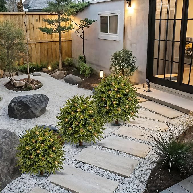 ICX 2 Set 25" Artificial Eucalyptus Topiary Ball Trees with Ground Spike,Artificial Plants Outdoor,Fake Bushes & Shrubs for Porch, Garden, Front Porch Decor - Indoor/Outdoor Faux Plants-VerdiqueGarden