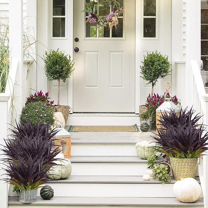 16Pcs Artificial Grass Fake Grass Plants 17.3in Outdoor Plants UV Resistant Faux Greenery Stems for Home Window Garden Patio Pathway Front Porch Halloween Décor Light Green & Purple-VerdiqueGarden