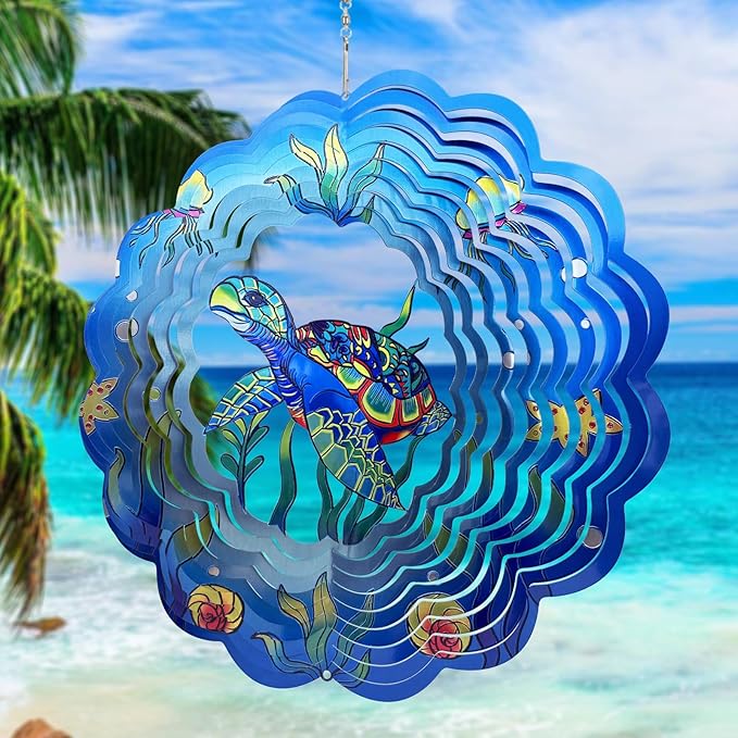 Sea Turtle Wind Spinners 3D Hanging Wind Spinner Sea Turtle Ornament Gifts for Women Mom Grandma,12inch Metal Wind Kinetic Sculpture for Outdoor&Indoor Decor, Yard Art, Garden Decoration-VerdiqueGarden