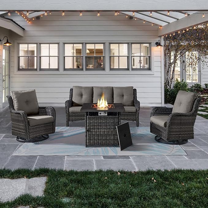 Outdoor Patio Furniture Set with 50000BTU Propane Fire Pit Table, 4 Pieces Wicker Patio Conversation Set with 2 Swivel Rocker Glider Chairs Rattan Sofa Grey Cushion Perfect for Gathering-VerdiqueGarden