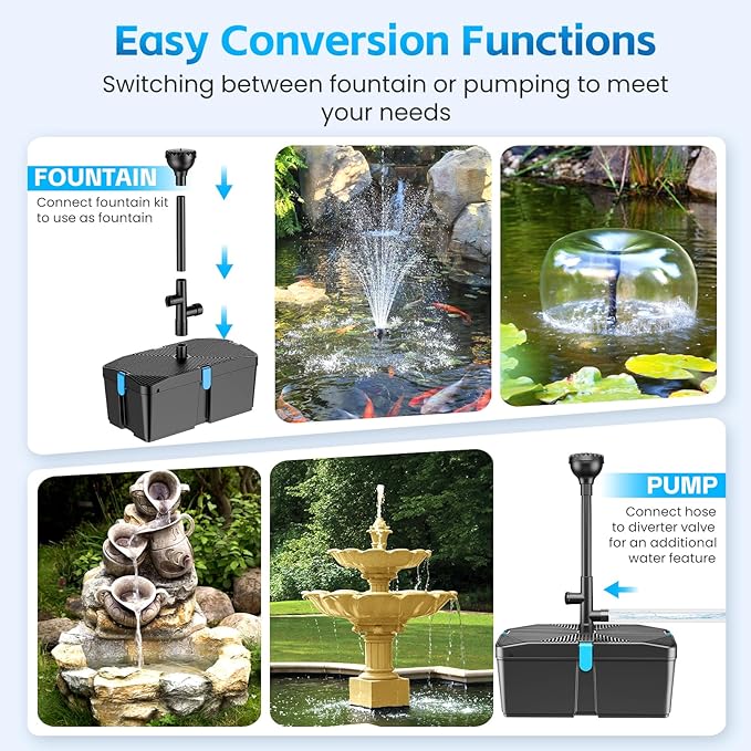 Pond Filters for Outdoor Ponds, 820 GPH Pond Filter with Fountain Pump Kits, 60W Pond Pump and Filter Kit for Koi Pond Clean, Garden Fountains, Waterfall-VerdiqueGarden