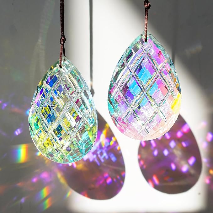 HDCRYSTALGIFTS Set 2 Crystal Sun Catcher Prisms Pendant for Window Hanging Decor,3inch AB Colored Crystal Suncatchers Rainbow Maker Light Catcher for Home Indoor Garden Ornament-VerdiqueGarden