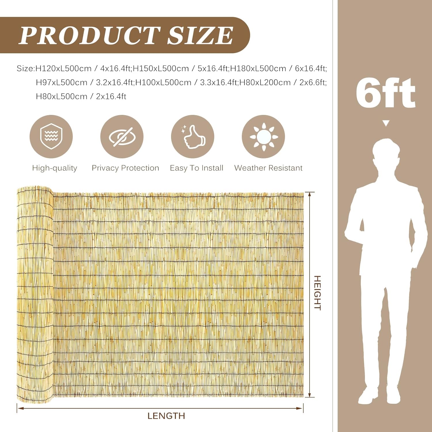 Natural Reed Fencing Rolls: Privacy Bamboo Fence 3/4/5/6ft High Roll Reed Screen, Decorative Bamboo Fencing for Outdoor Balcony Patio Garden Backyard,with Cable Zip Ties(Nature, 4x10ft)-VerdiqueGarden