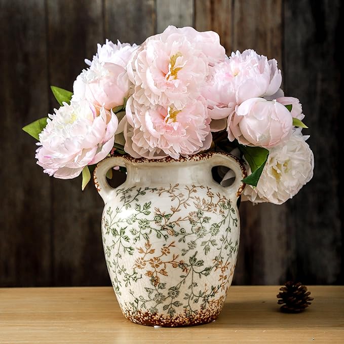 Enra Vintage vase,7.8 Inch Green and Beige Ceramic Decorative Flower vase, Chinoiserie Floral Vase,Large Rustic Vases for Home Decors, Living Room, Bookshelf, Office-VerdiqueGarden