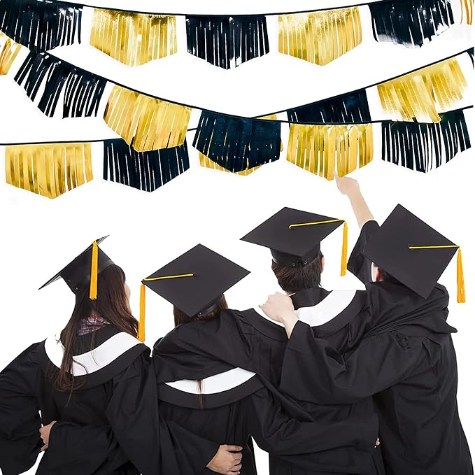 Black and Gold Tassel Banner Double Sided Metallic Fabric Pennant Bunting Flag Garland for Graduation Anniversary Bachelorette Birthday Engagement Wedding Bridal Shower Hen Party Decorations Supplies-VerdiqueGarden